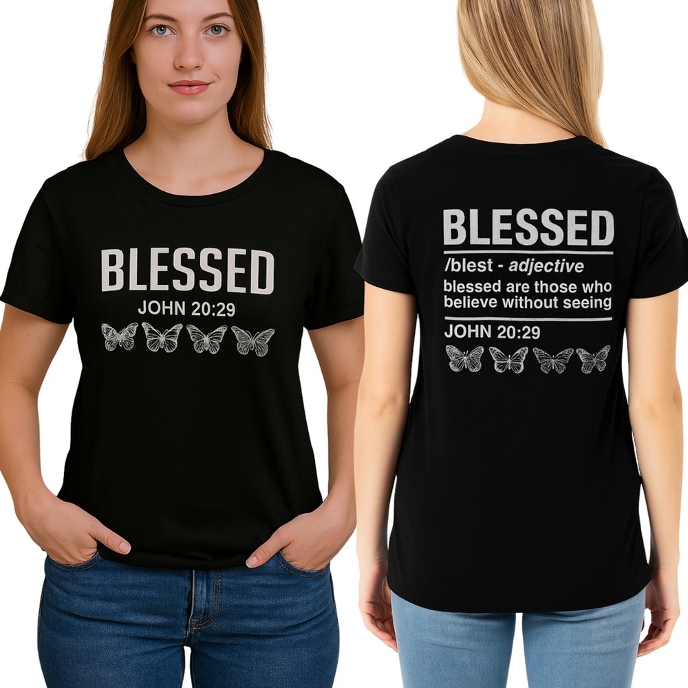 Blessed Bible Verse Cotton Short Sleeve Butterfly Christian Faith Black Shirt 1X